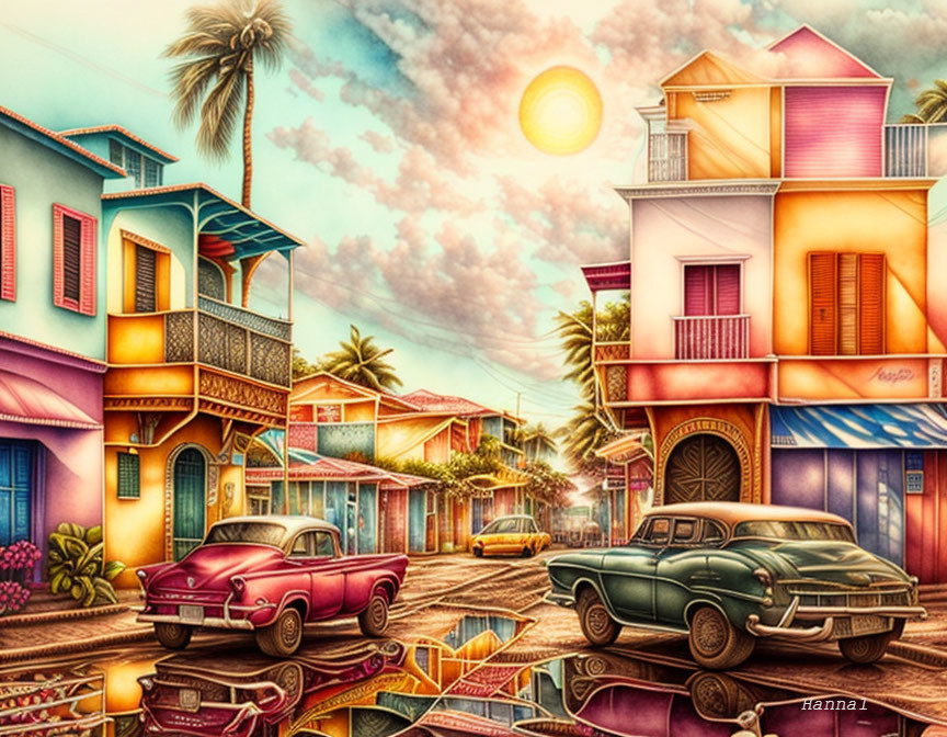 Vibrant street illustration with vintage cars, tropical houses, reflections, sunset