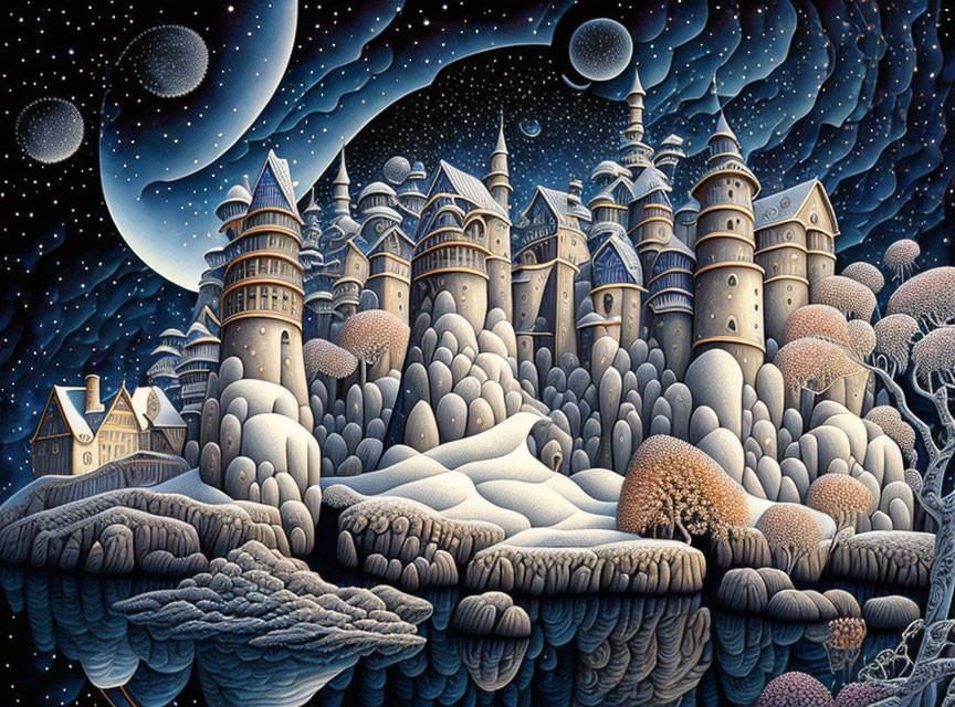 Surreal snow-covered castle in starry nightscape