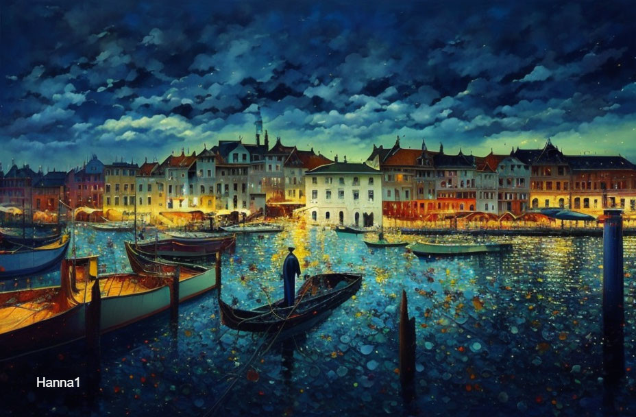 Vibrant nighttime painting of waterfront village with illuminated buildings and boats