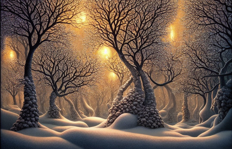 Twilight snow-covered landscape with bare trees and glowing lights