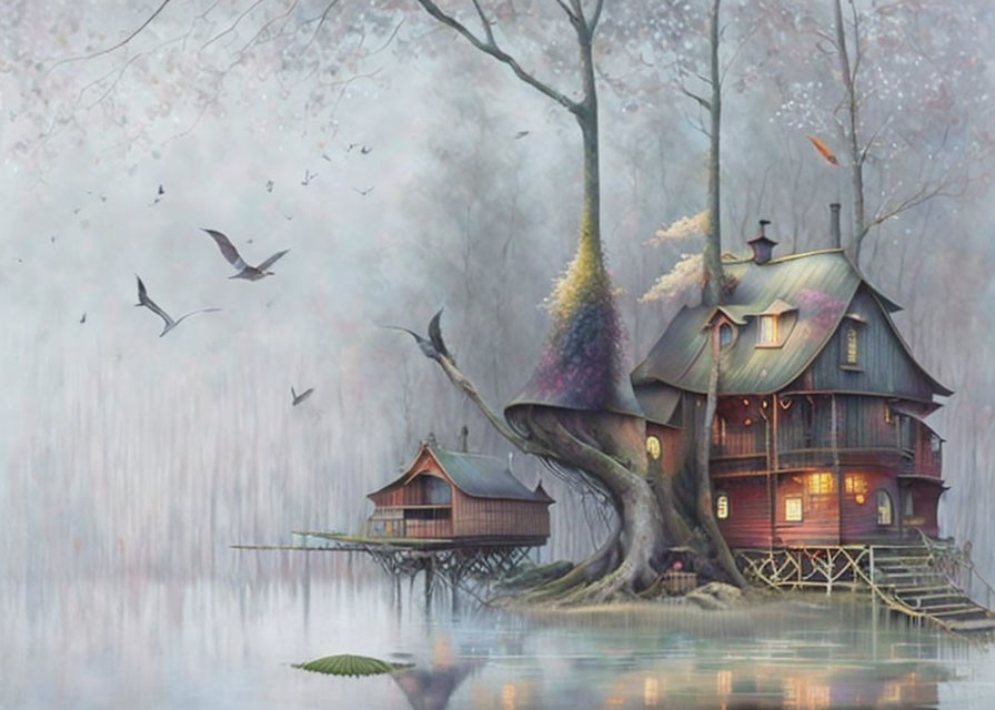 Whimsical treehouse illustration by misty lake with birds and foggy backdrop