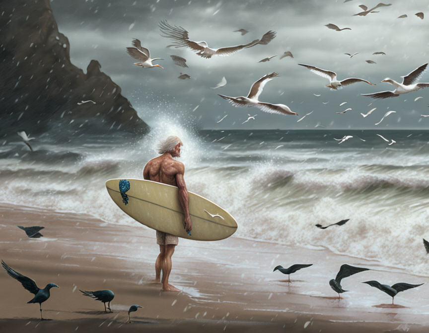 Surfer with surfboard on beach, birds flying, stormy sky