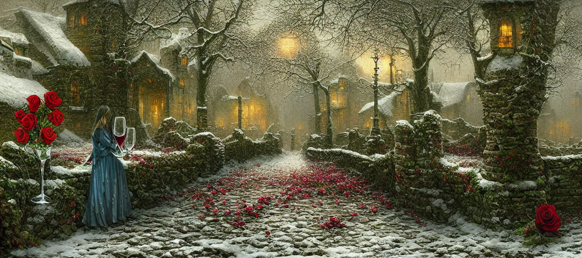 Woman in Blue Dress in Snowy Alley with Lanterns and Red Roses