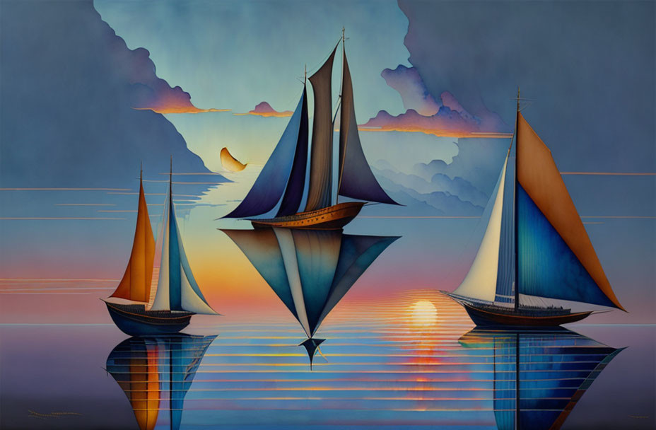 Stylized sailboats on calm sea at vibrant sunset