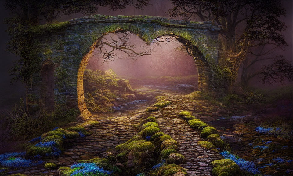 Stone bridge pathway surrounded by moss and blue flowers in mystical fog