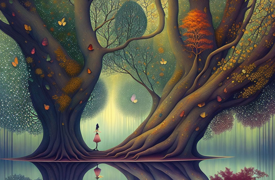 Colorful Illustration: Girl on Tree-Arched Path with Butterflies