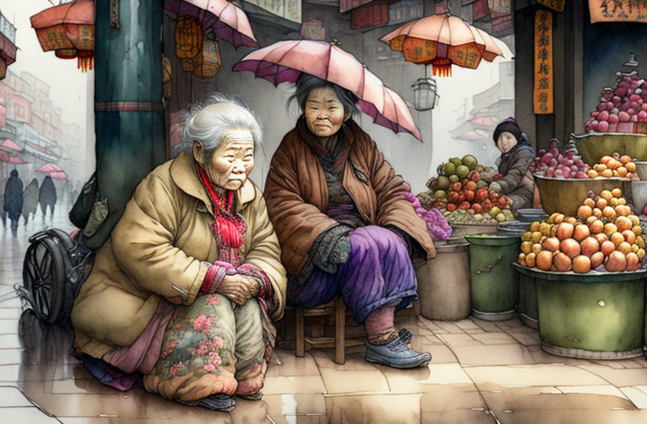 Elderly women under umbrella in vibrant market setting