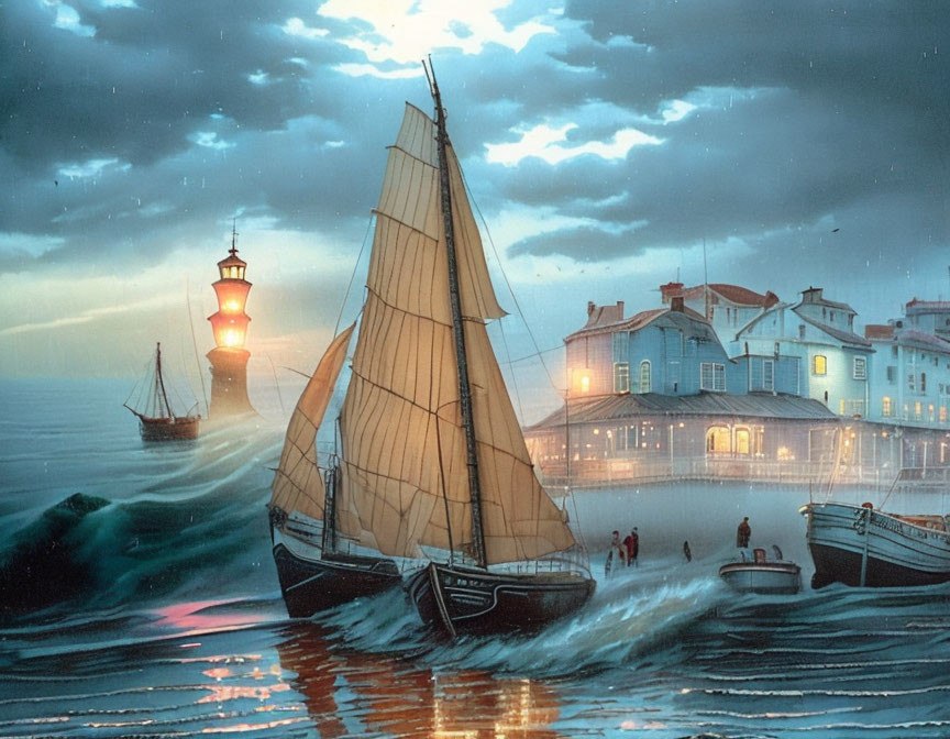 Sailing ship near lighthouse and buildings at dusk by stormy sea.