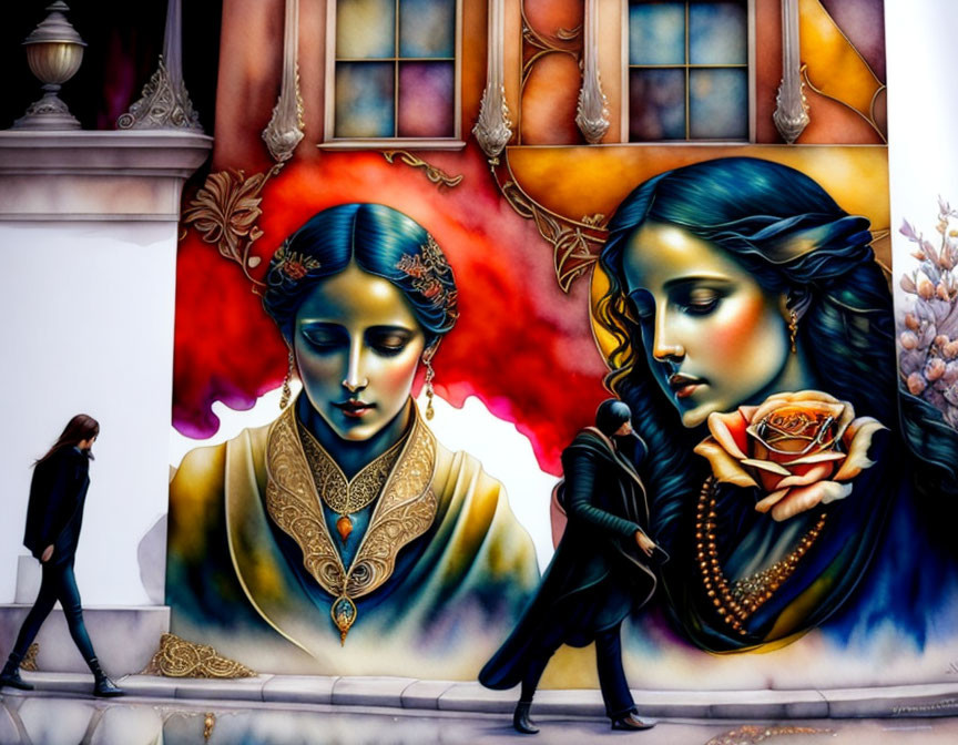 Vibrant mural with large female portraits and man walking, blending life and art