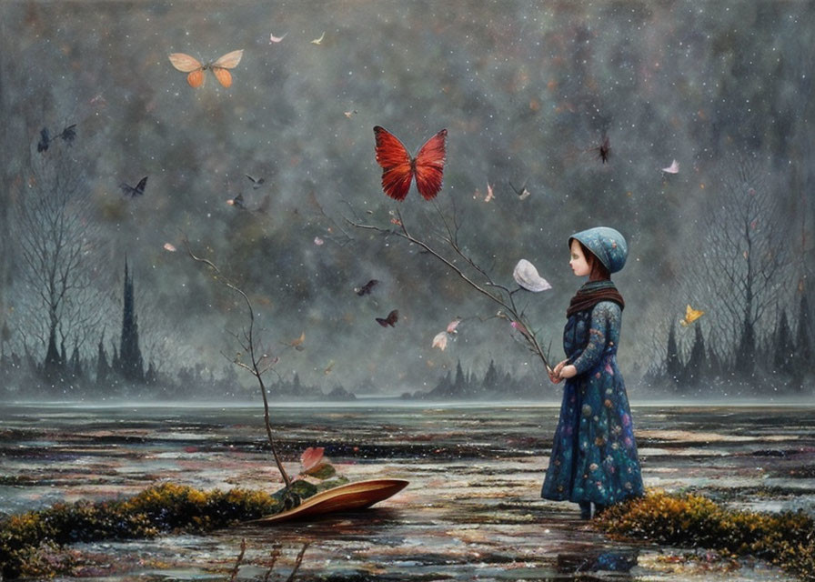 Girl in blue coat and hat with birds and butterflies in snowy landscape