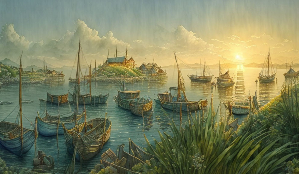 Sunrise over tranquil harbor with traditional architecture, boats, calm water, lush greenery.