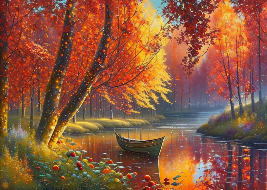 Tranquil autumn river with vibrant foliage