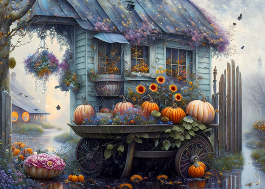 Colorful Flowers and Pumpkins in Autumn Garden Shed Scene