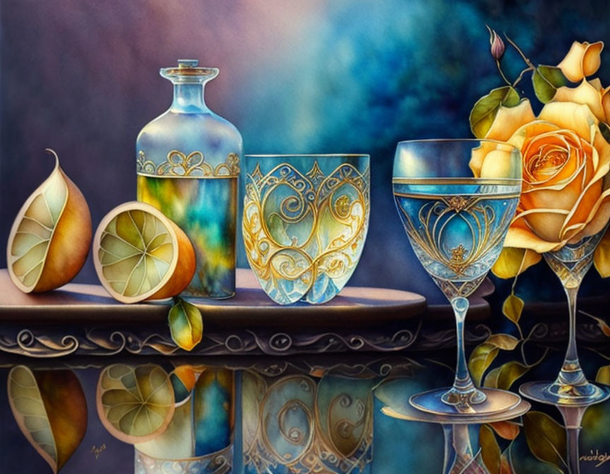 Ornate glassware, citrus slices, roses on textured backdrop