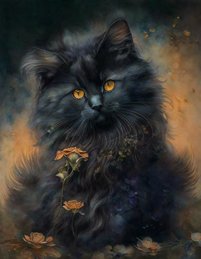 Dark-Furred Cat with Amber Eyes in Mystical Setting