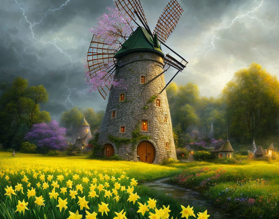 Stone windmill in vibrant field with village and stormy skies