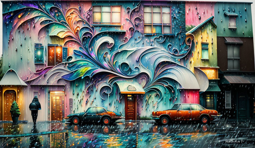 Colorful street art mural with swirling patterns in rainy city scene