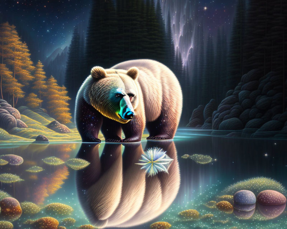 Bear standing by reflective water in mystical forest at night with glowing plants and starry sky.