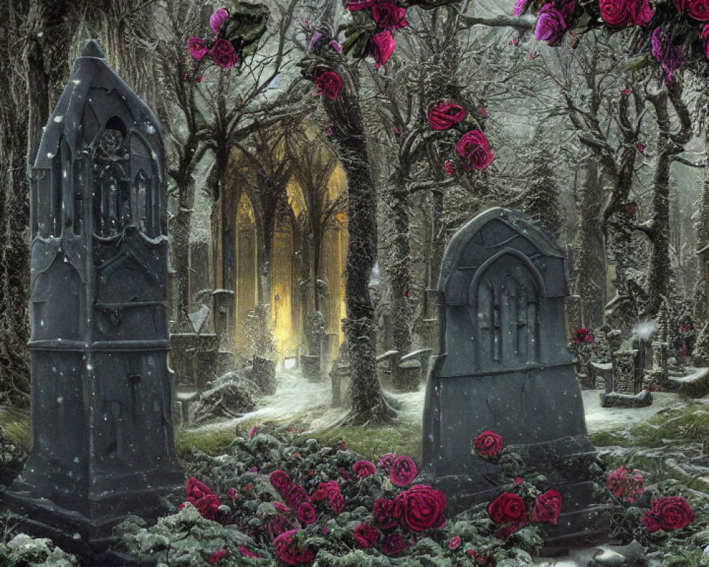 Snowy Gothic cemetery with dark tombstones and red roses under warm light