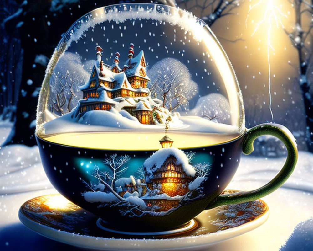 Whimsical Snow Globe in Ornate Teacup with Winter Scene