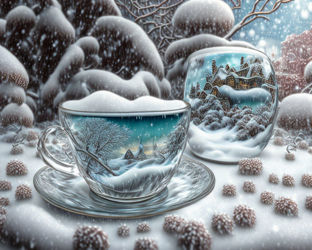 Glass Teacups on Snowy Winter Landscape