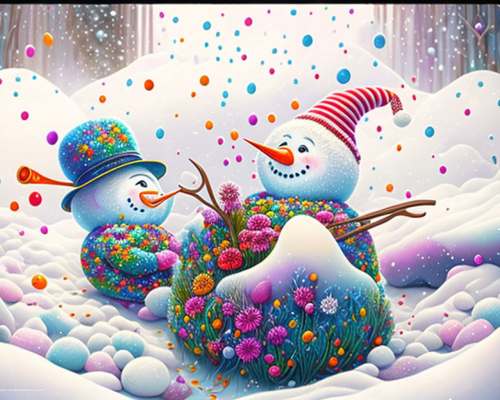 Cheerful Snowmen in a Colorful Winter Landscape