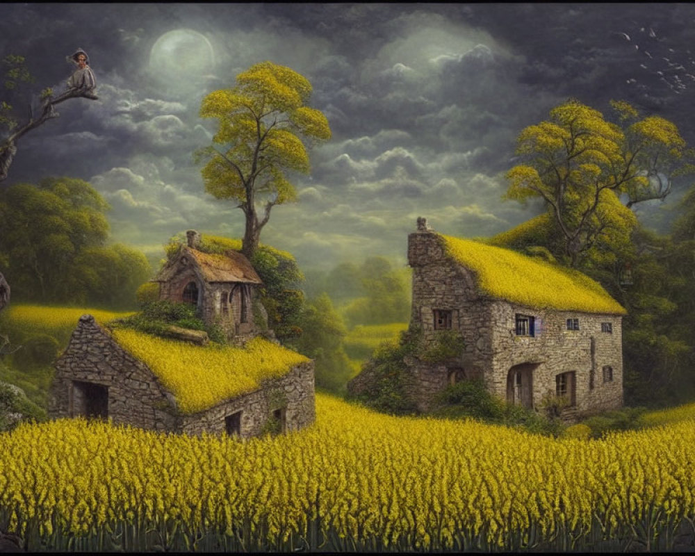 Whimsical landscape with cottages, moons, and flowers