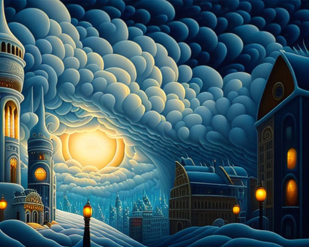 Blue-toned surreal cityscape with illuminated buildings under dense cloud canopy.