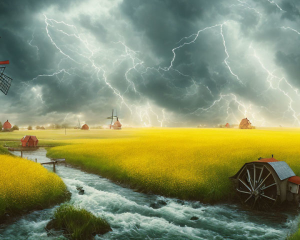 Stormy Sky with Windmills, Waterwheel, and Lightning Strikes
