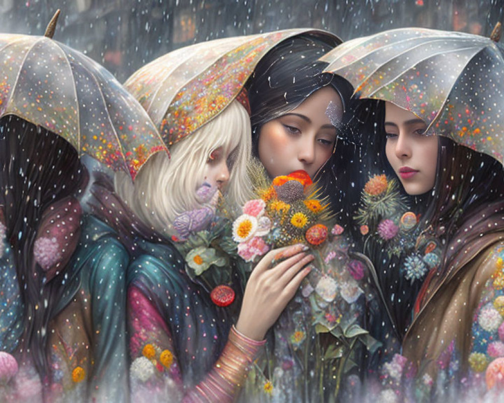 Four Women with Colorful Umbrellas in Snow, One Smelling Flowers