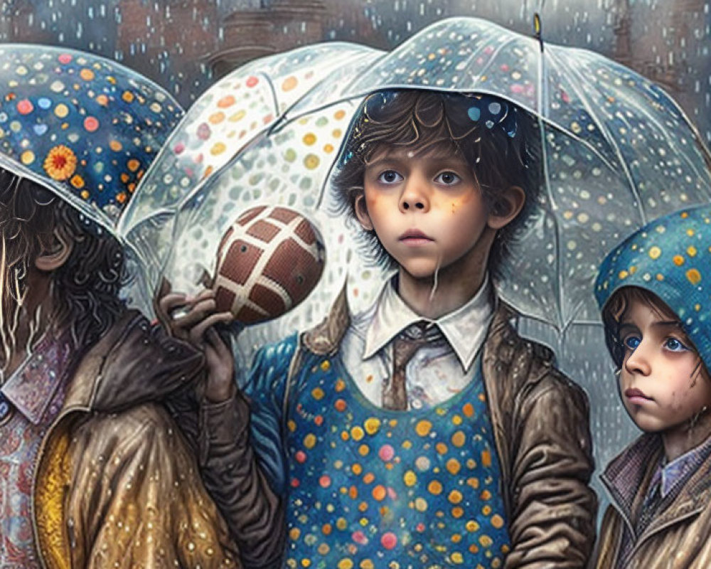 Illustrated children in raincoats under umbrellas on a rainy day