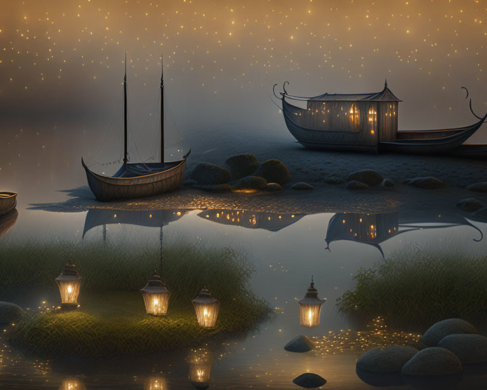 Night scene: Glowing lanterns on anchored boats in calm water with rocks and grass