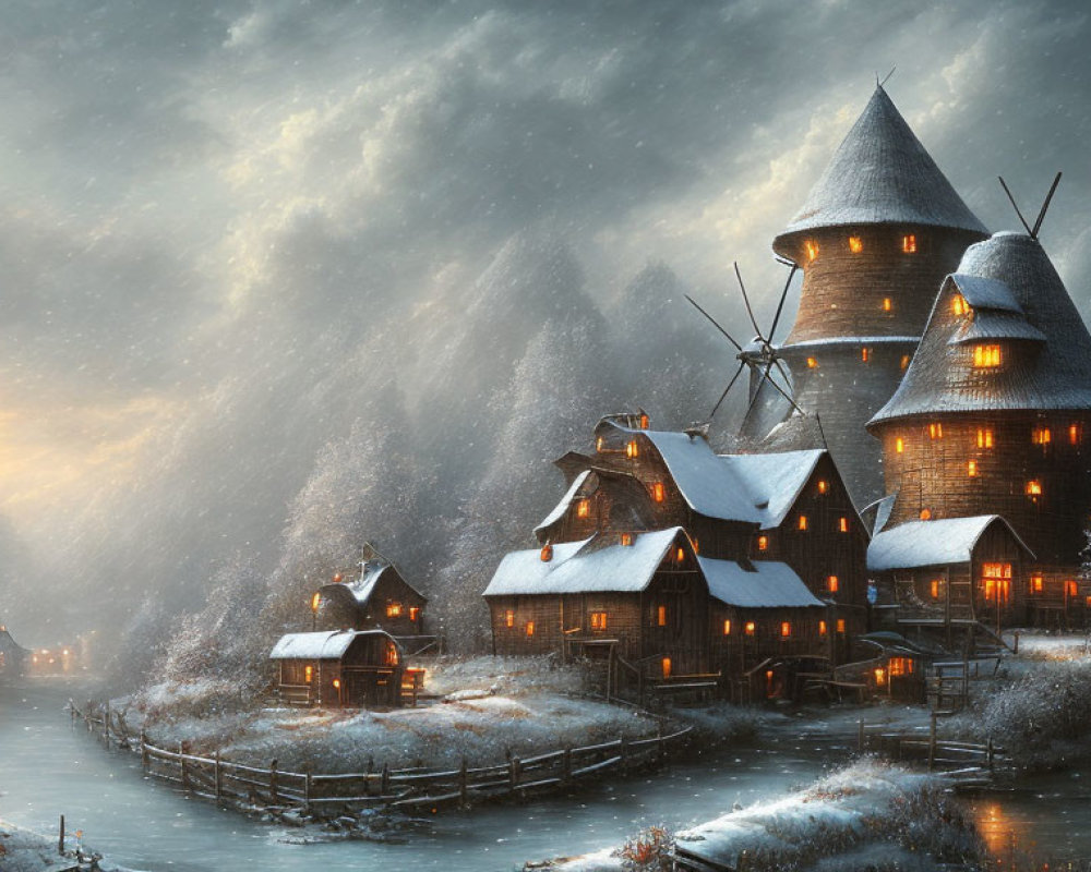 Traditional winter village with windmills and wooden houses in snowfall