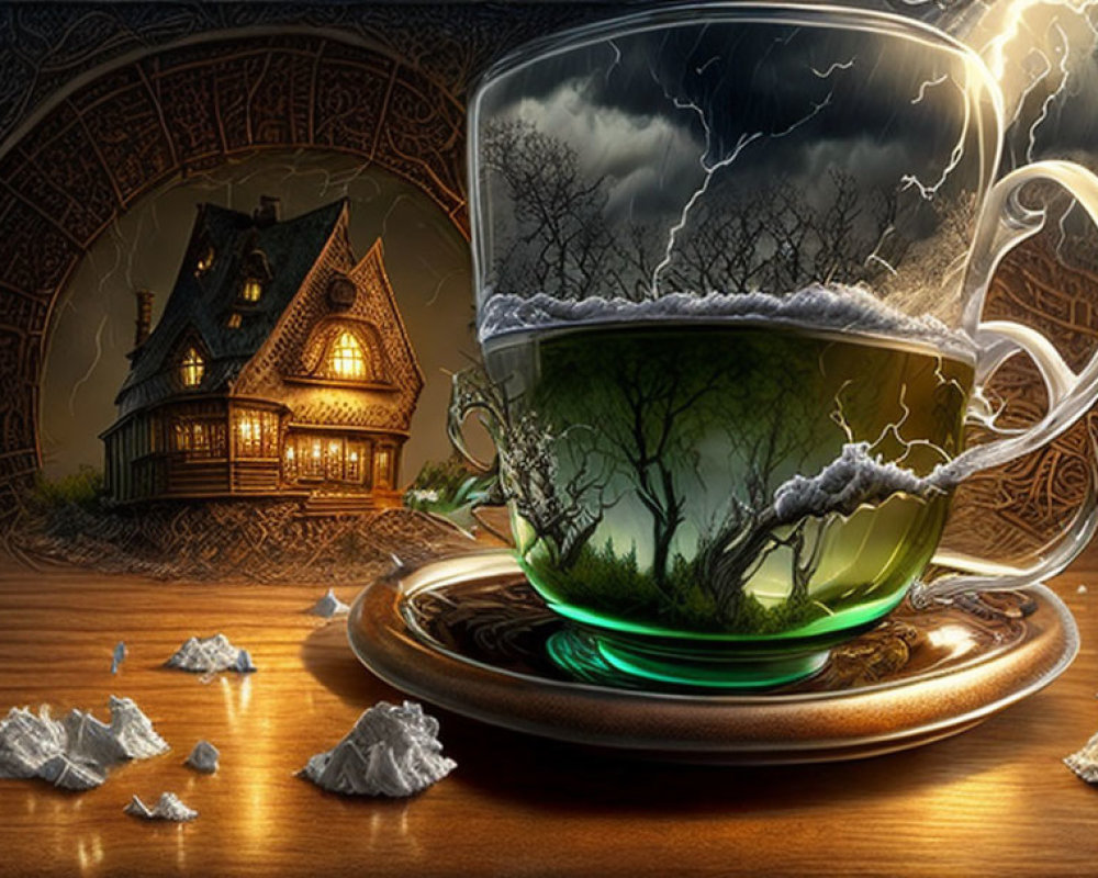 Surreal Teacup Landscape with Stormy Sky and House