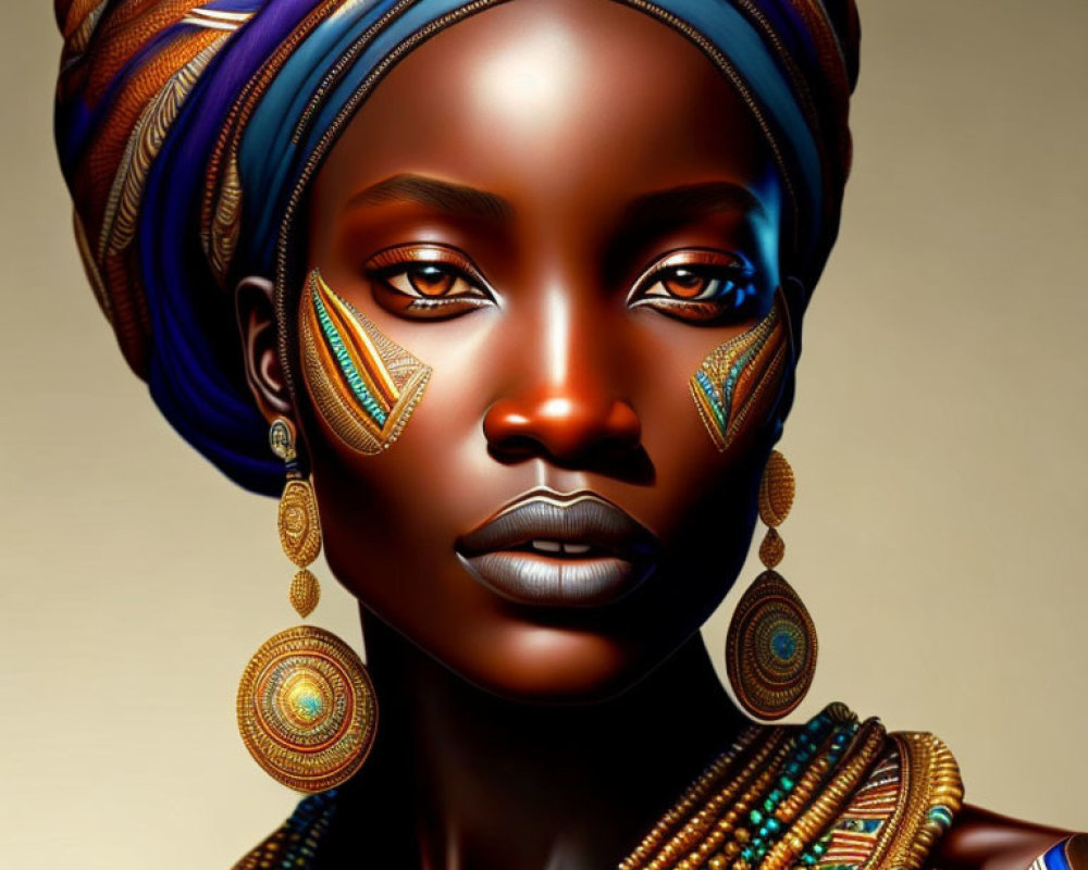 Vibrant digital artwork of woman with dark skin and colorful head wrap