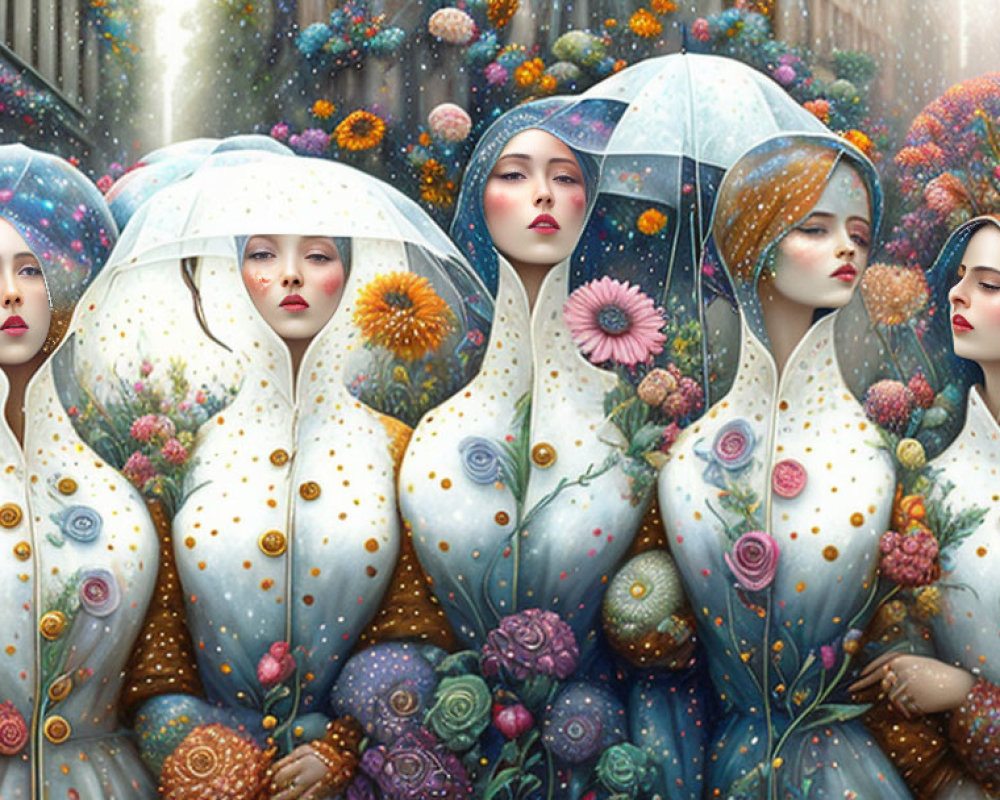 Surreal Garden Scene with Elegant Women and Umbrellas