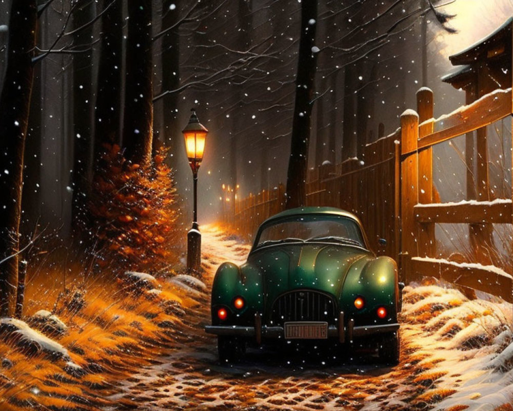 Vintage Green Car on Snowy Forest Path