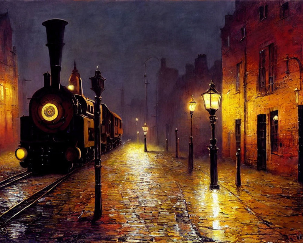 Vintage steam locomotive on wet cobbled street at night with glowing street lamps