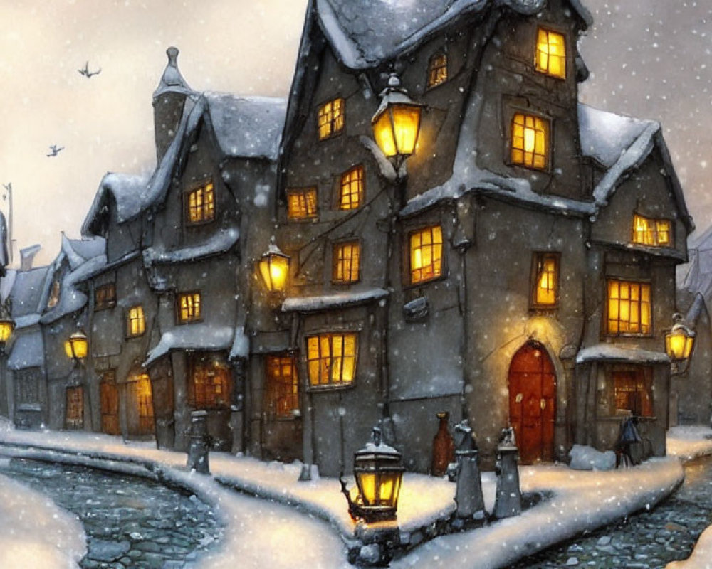 Winter Village Scene with Snow and Warm Lighting