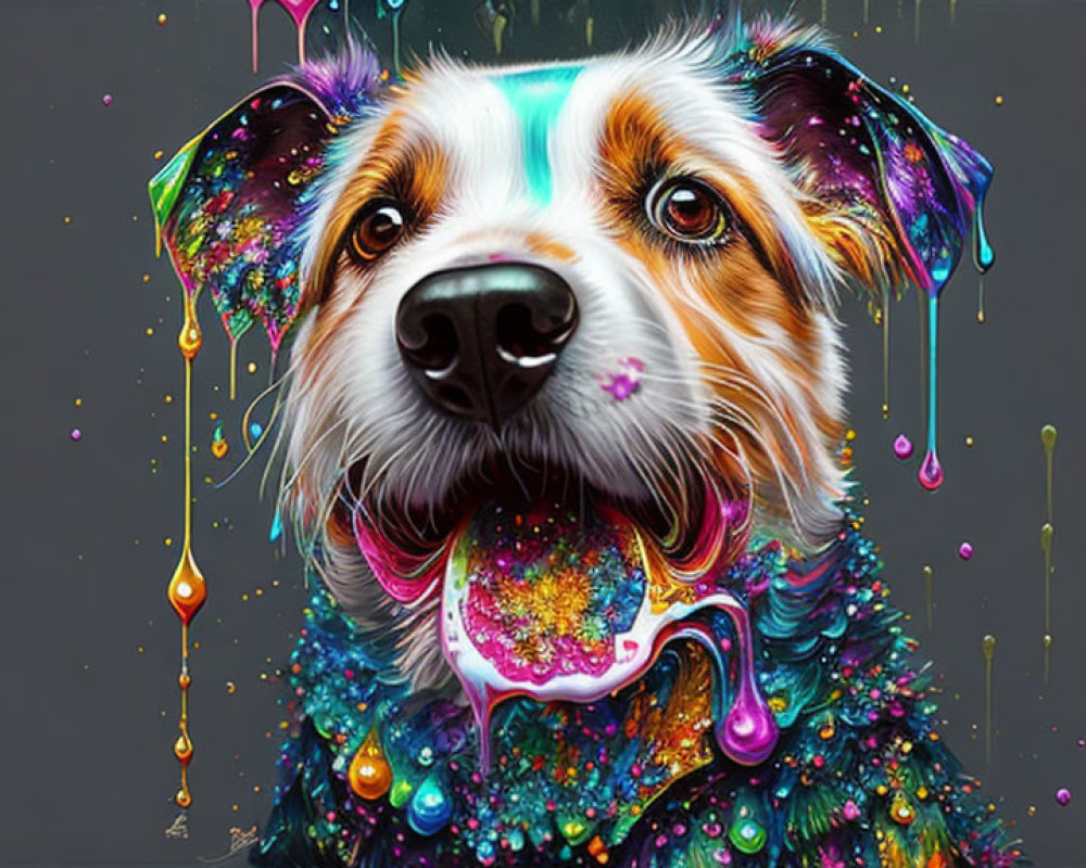 Colorful Dog Artwork with Paint Drips on Dark Background