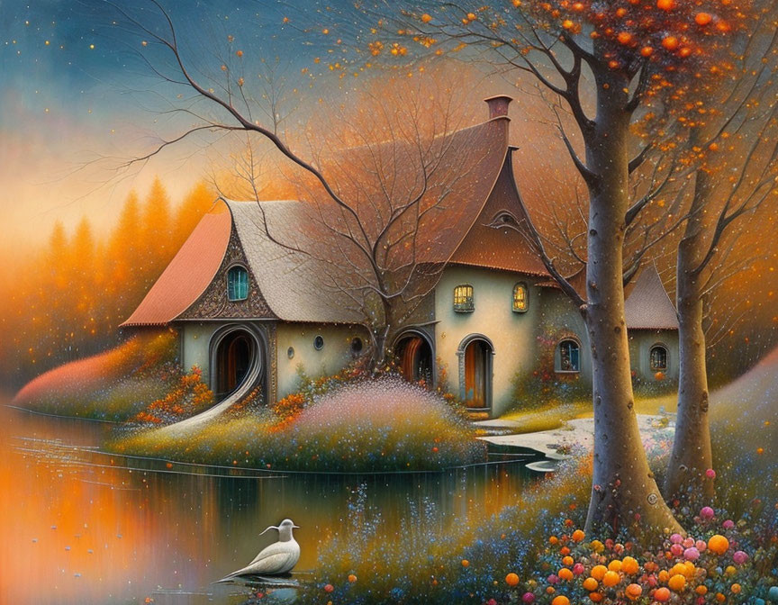 Autumnal scene: Quaint house, fall trees, lake, swan