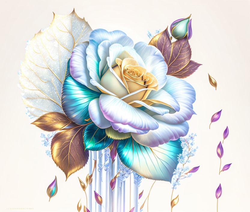 Stylized rose digital artwork with blue and gold gradient petals