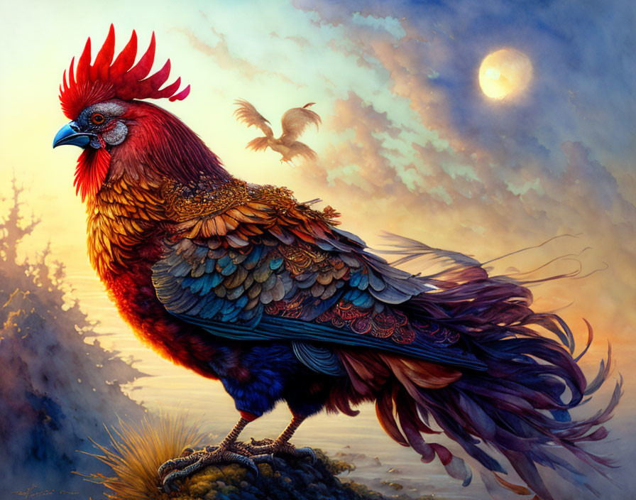 Detailed illustration of vibrant rooster with red crest in misty sky.