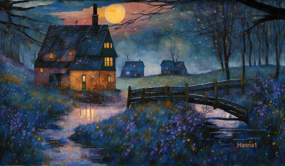 Rustic house by stream under moonlit sky with blue flowers