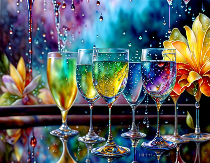 Colorful Translucent Wine Glasses with Abstract Flower Background