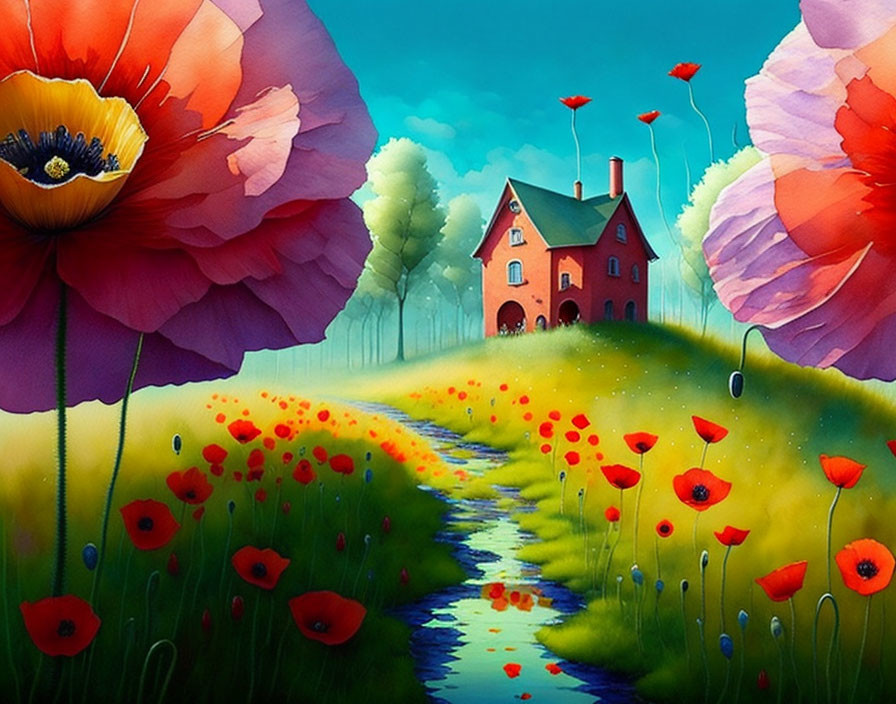 Colorful landscape with oversized poppies, red-roofed house, river, and lush greenery