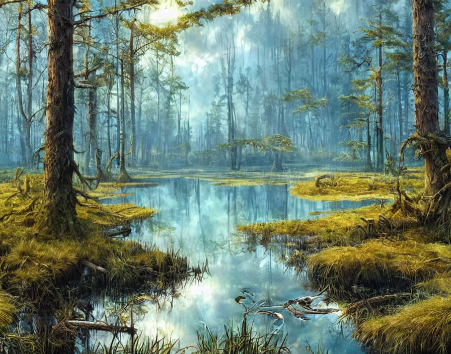 Tranquil swamp landscape with reflective water and marshy surroundings