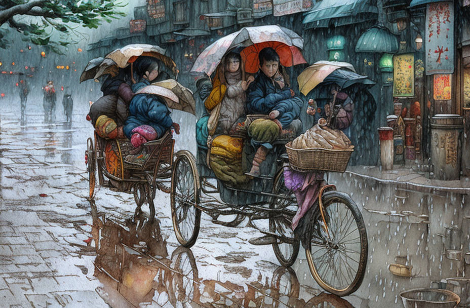 Detailed Illustration: Passengers in Rickshaws with Umbrellas in Vibrant Rainy Street Scene