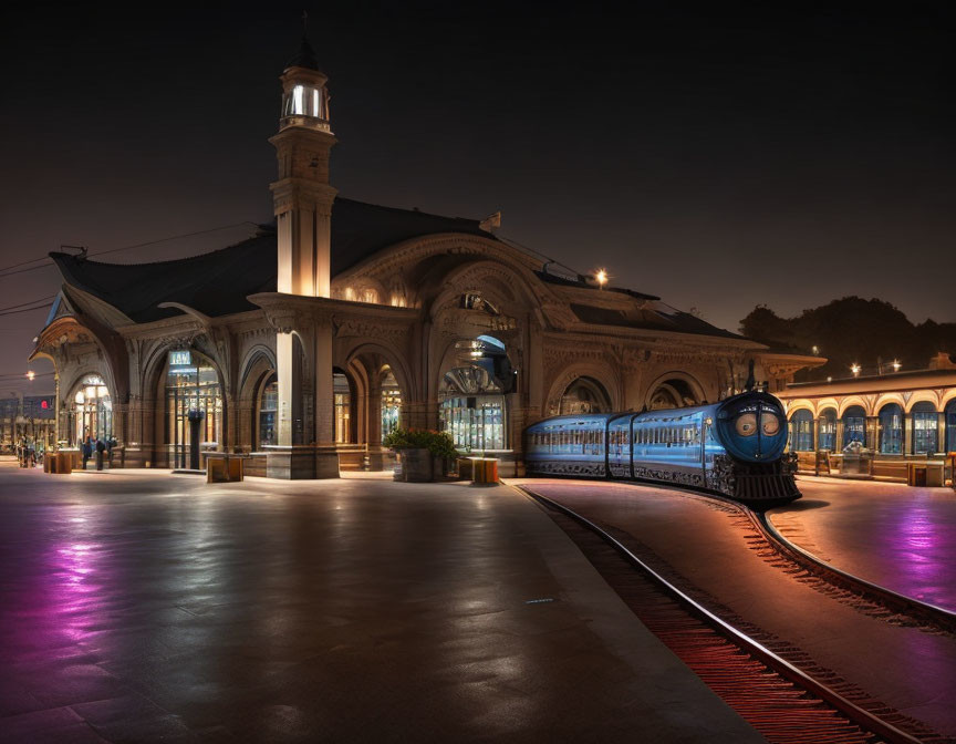 Vintage locomotive displayed at illuminated train station