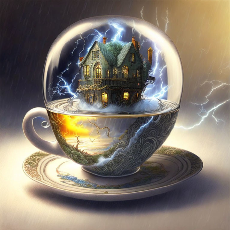 Whimsical Victorian house in teacup with stormy skies and ocean wave pattern